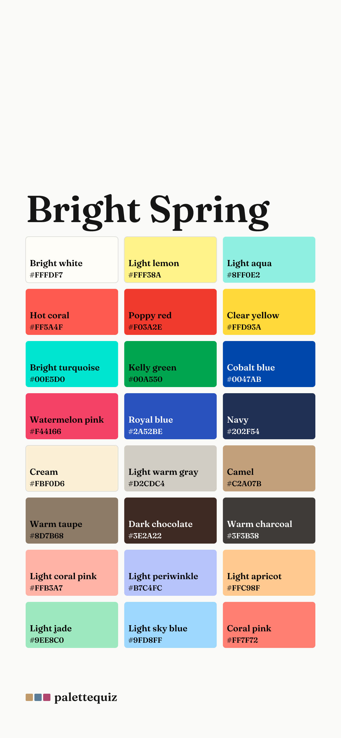 Bright Spring color palette phone wallpaper: 24 swatches from bright white to coral pink
