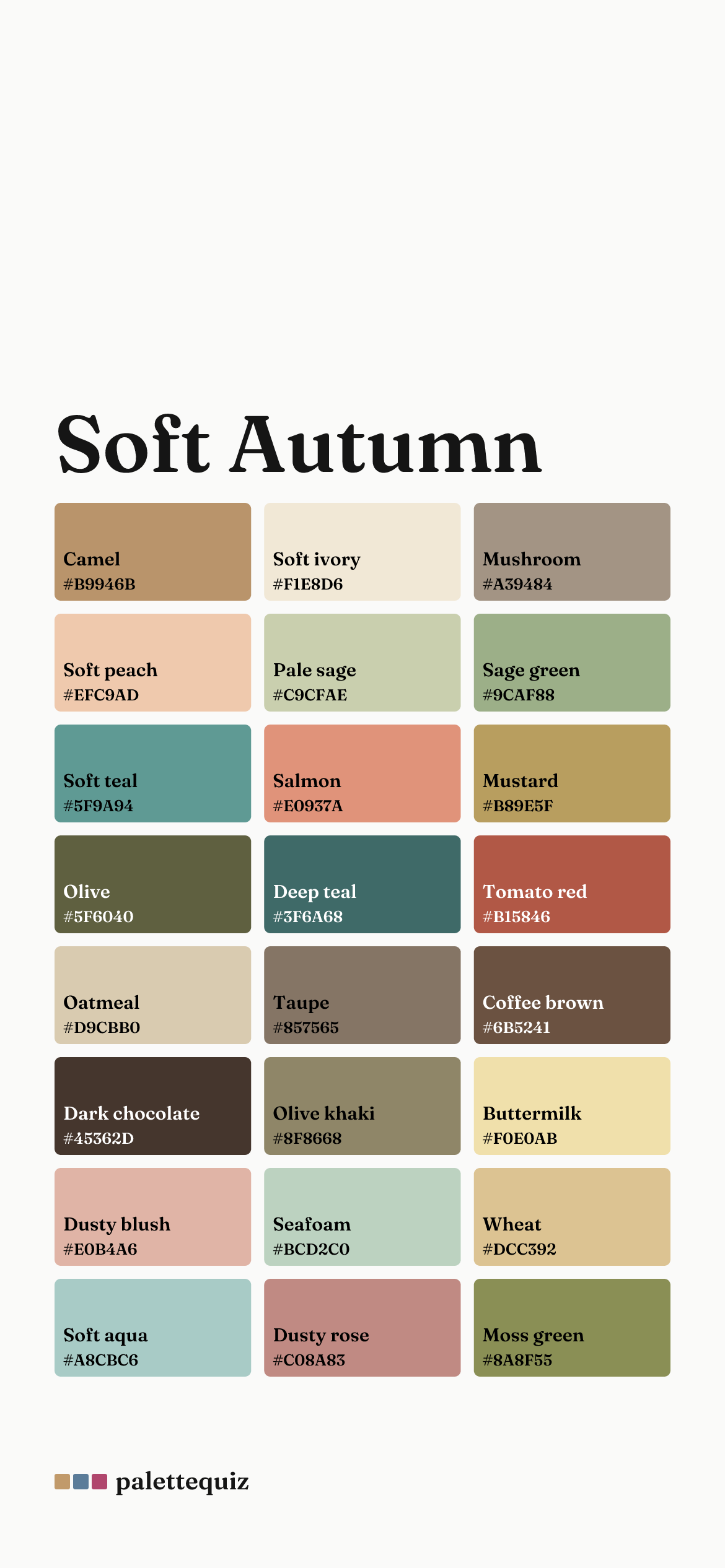 Soft Autumn color palette phone wallpaper: 24 swatches from camel to moss green