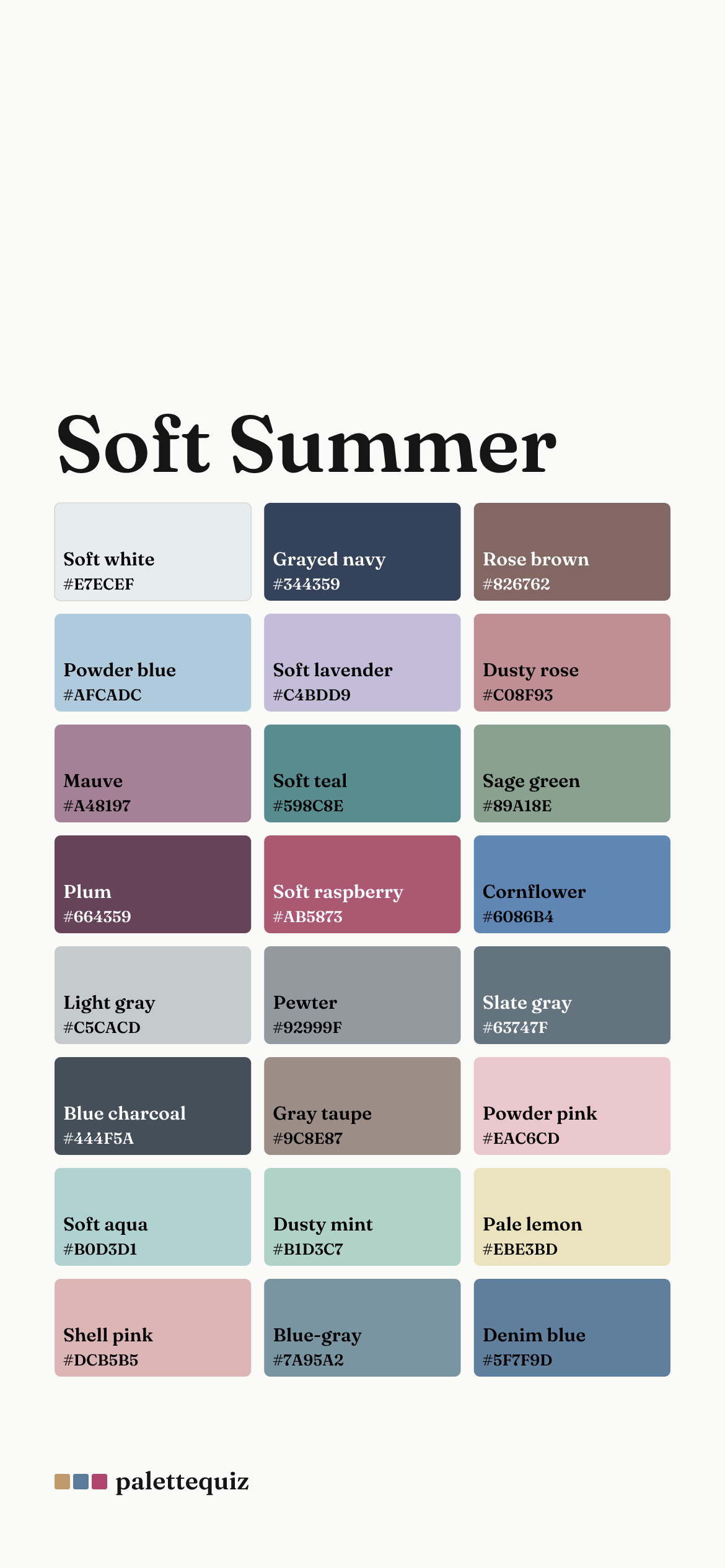Soft Summer color palette phone wallpaper: 24 swatches from soft white to denim blue