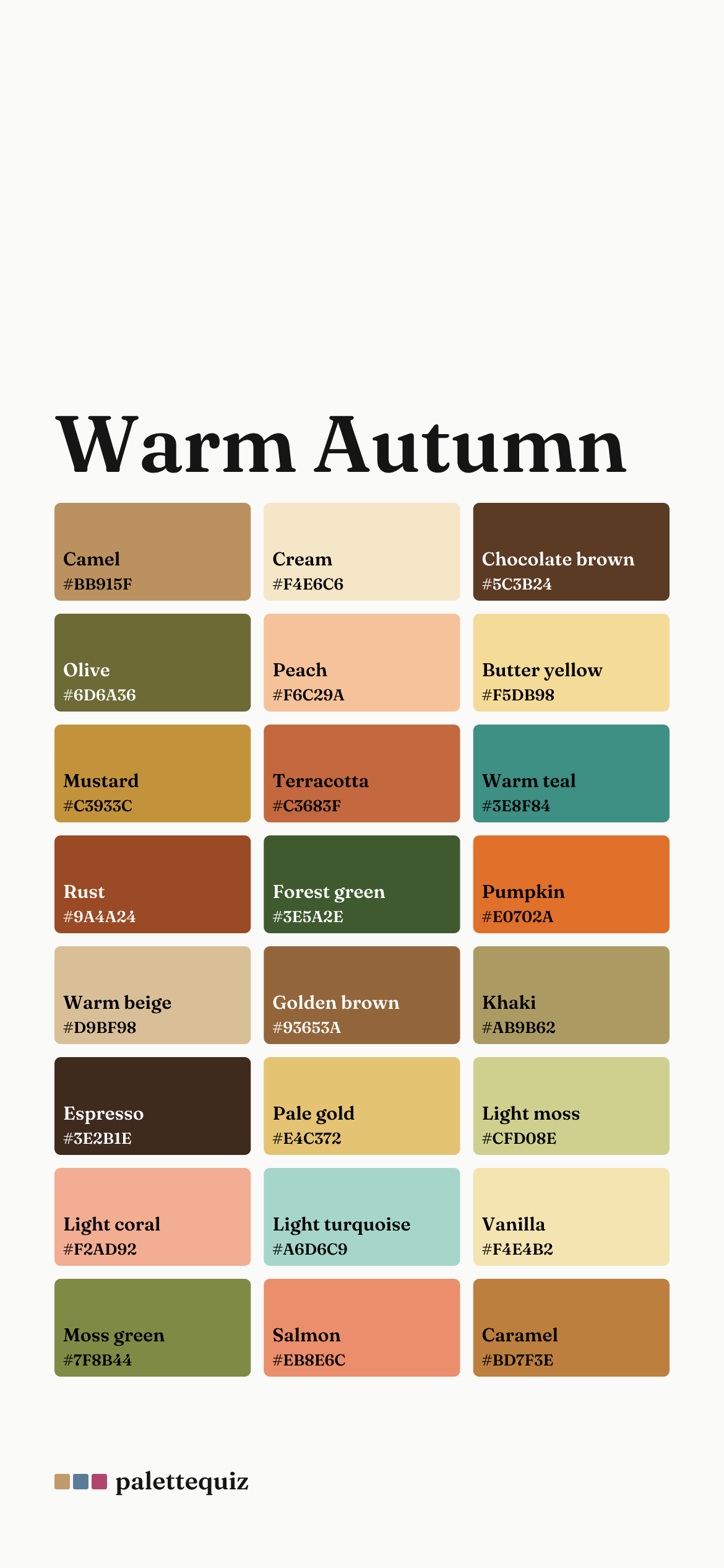 Warm Autumn color palette phone wallpaper: 24 swatches from camel to caramel